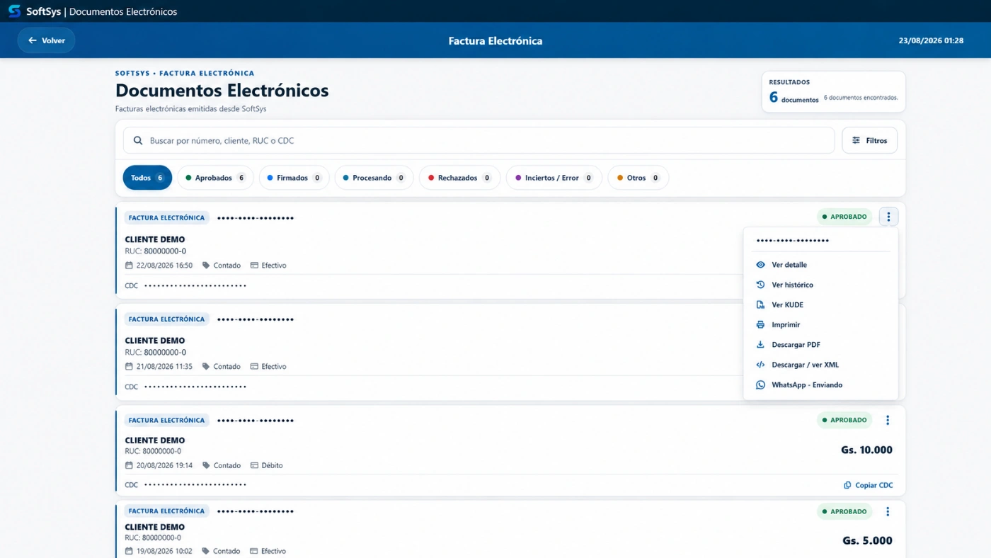 Consulta real de documentos electrónicos, estados SIFEN, KUDE y archivos PDF y XML. Importes ocultos.
