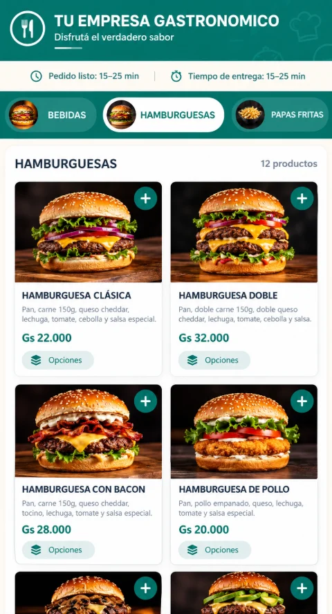 Menú digital real de SoftSys con categorías, productos y opciones. Importes ocultos.